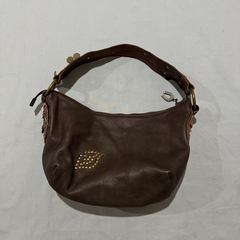 Y2K Betsey Johnson Womens Brown Studded Boho Floral Charm Leather Hobo Handbag